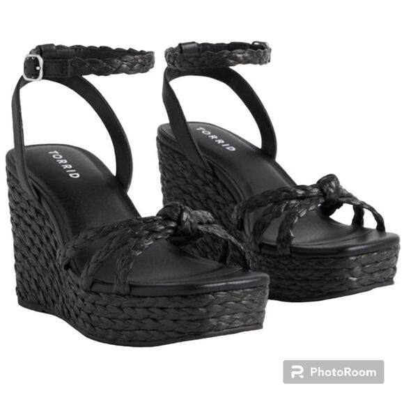 13W Torrid Black Strappy Raffia Platform 4" Wedge Espadrille Sandal Wide Width - Picture 2 of 11